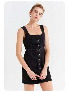 Urban Outfitters Black Wash Button Front Denim Sleeveless Mini Dress sz 8